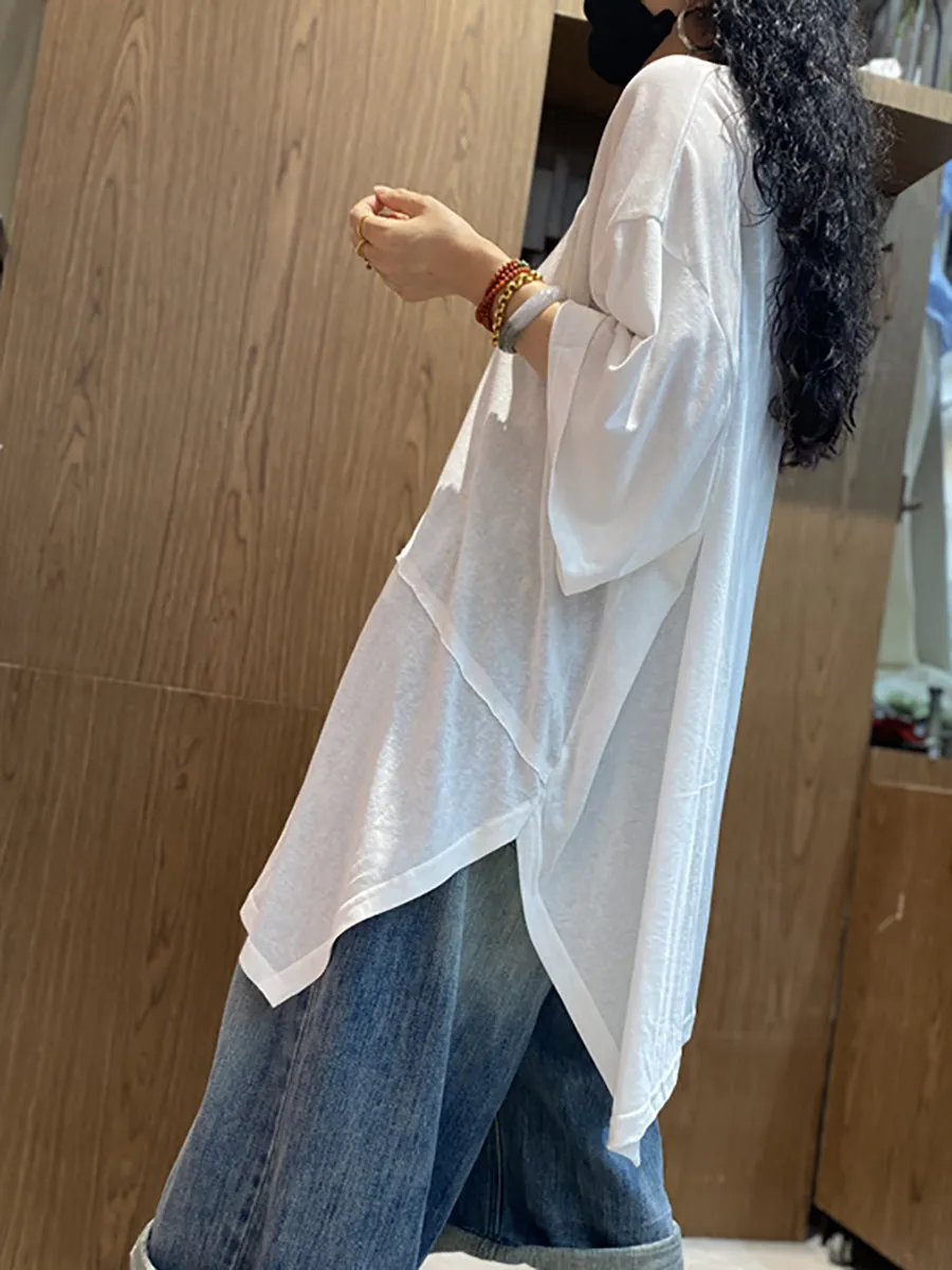Women Summer Casual Irregular Spliced O-Neck Cotton Shirt