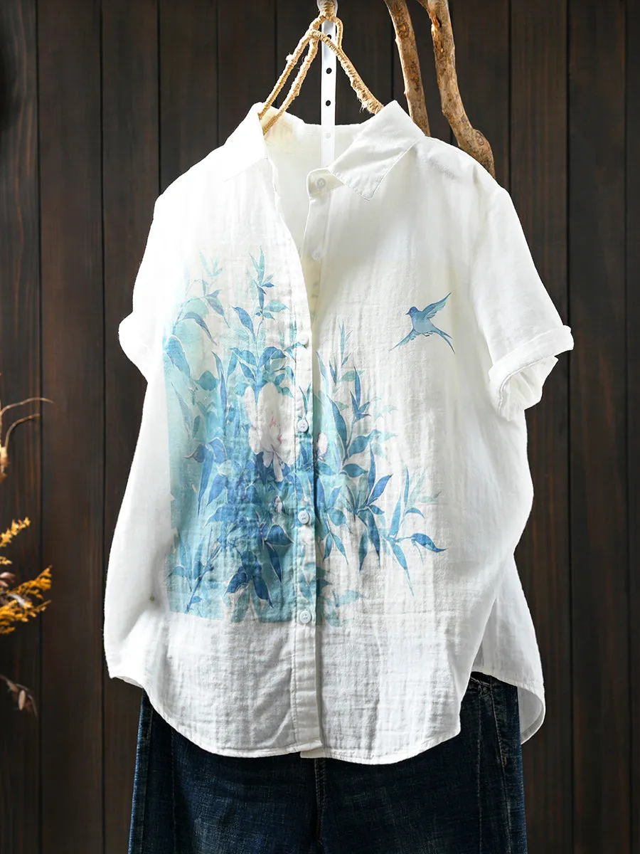 Women Summer Casual Print 100%Cotton Shirt