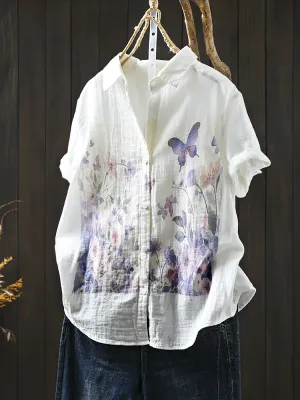 Women Summer Casual Print 100%Cotton Shirt