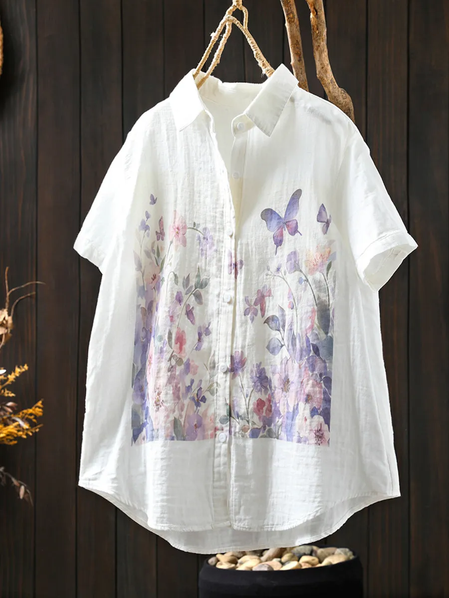 Women Summer Casual Print 100%Cotton Shirt