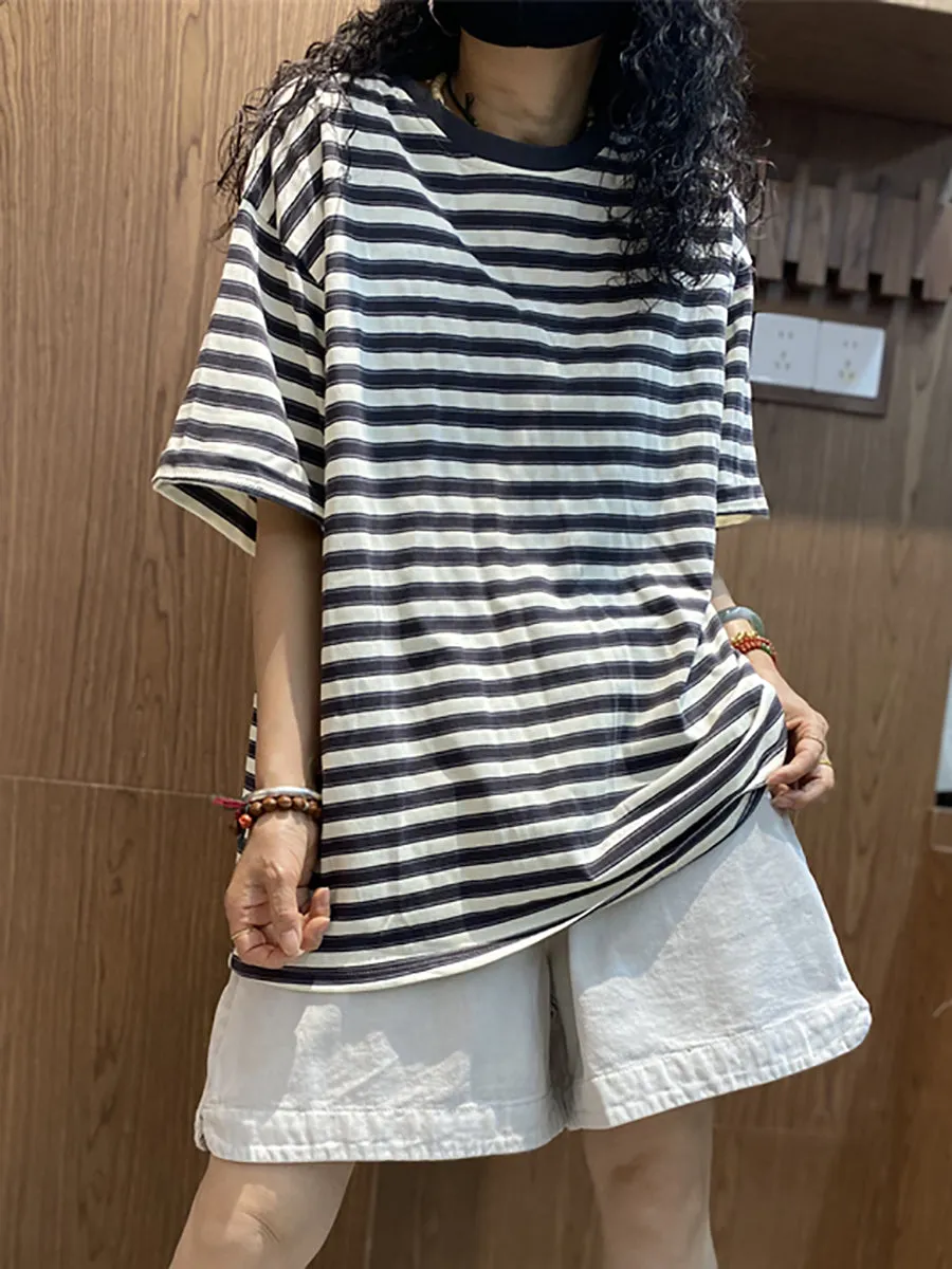 Women Summer Casual Stripe O-Neck Cotton Shirt