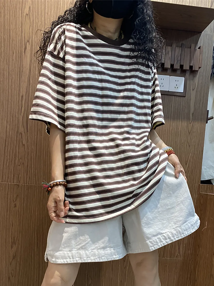 Women Summer Casual Stripe O-Neck Cotton Shirt