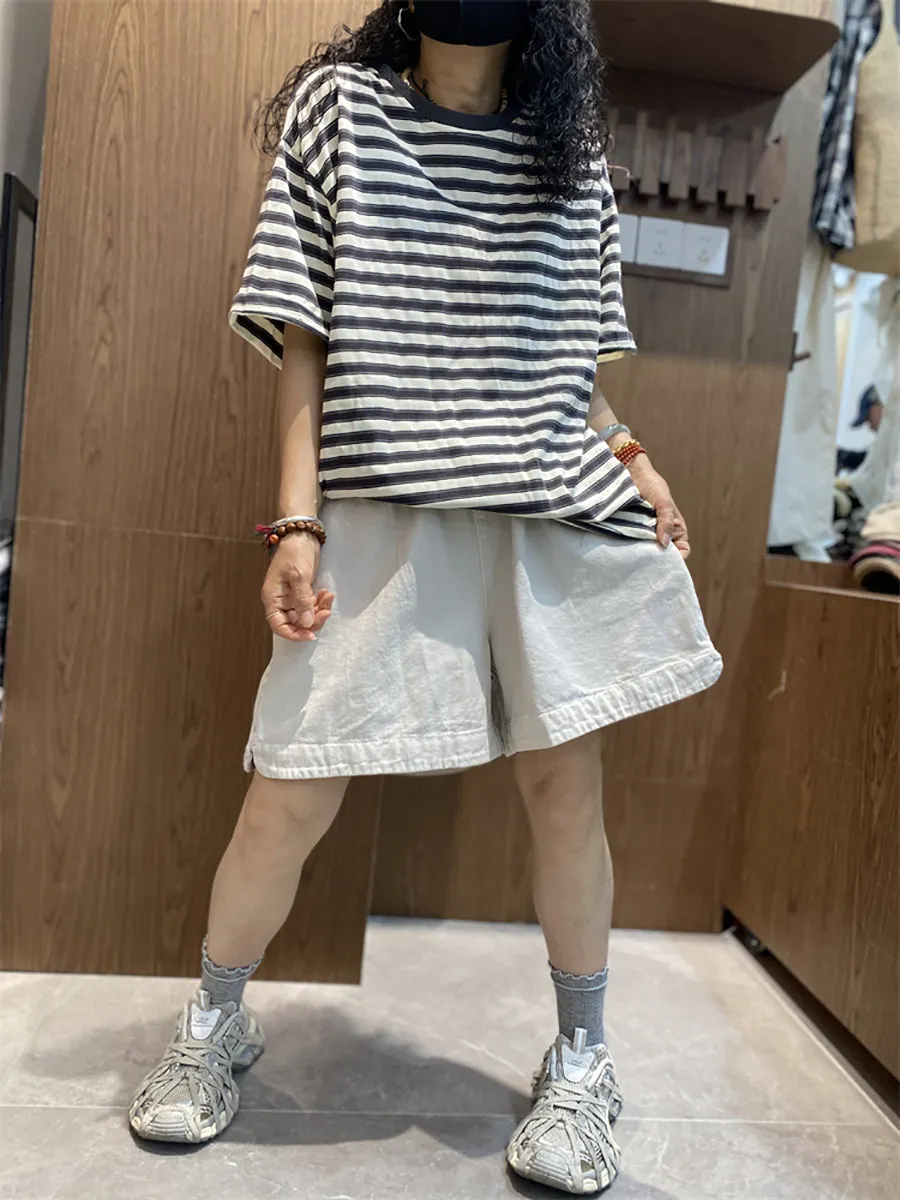 Women Summer Casual Stripe O-Neck Cotton Shirt