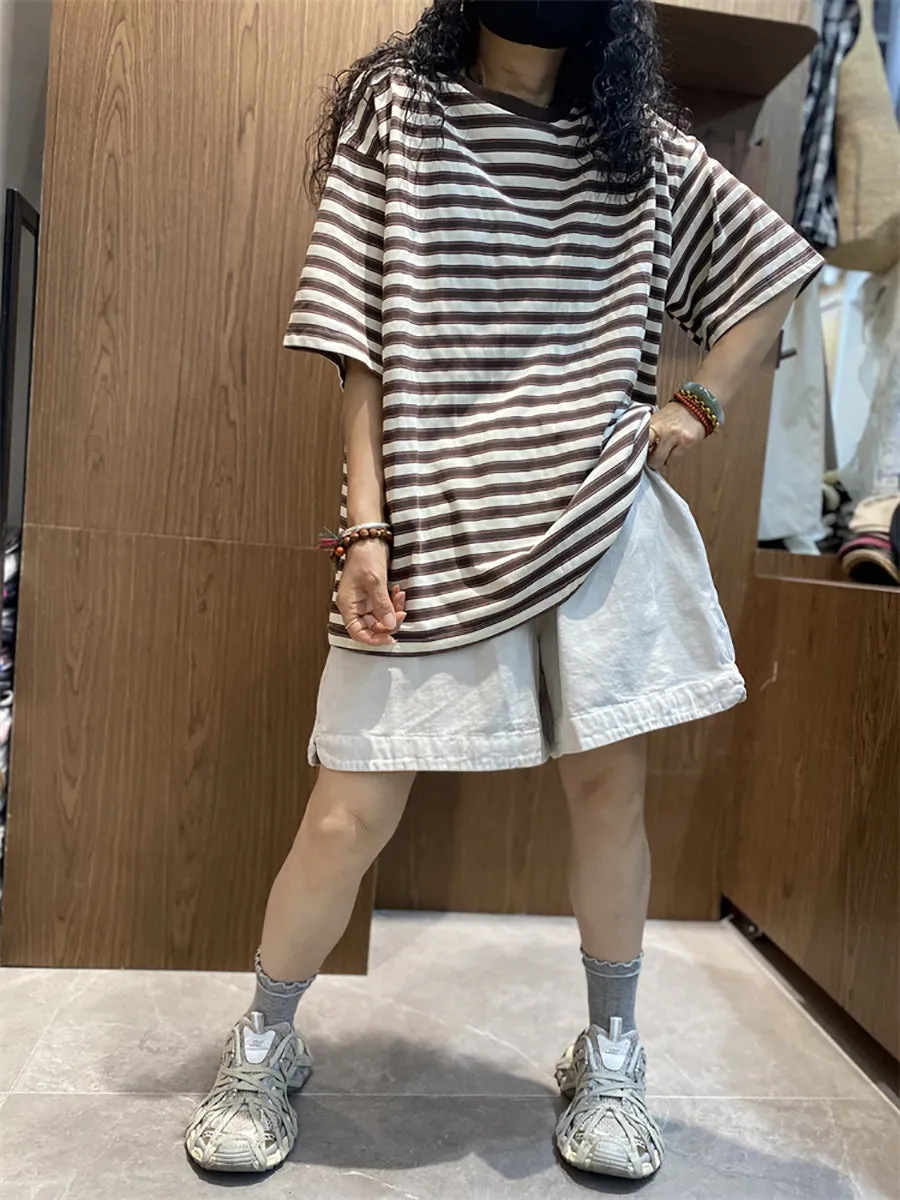 Women Summer Casual Stripe O-Neck Cotton Shirt