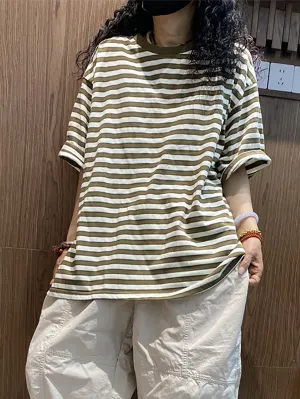 Women Summer Casual Stripe O-Neck Cotton Shirt
