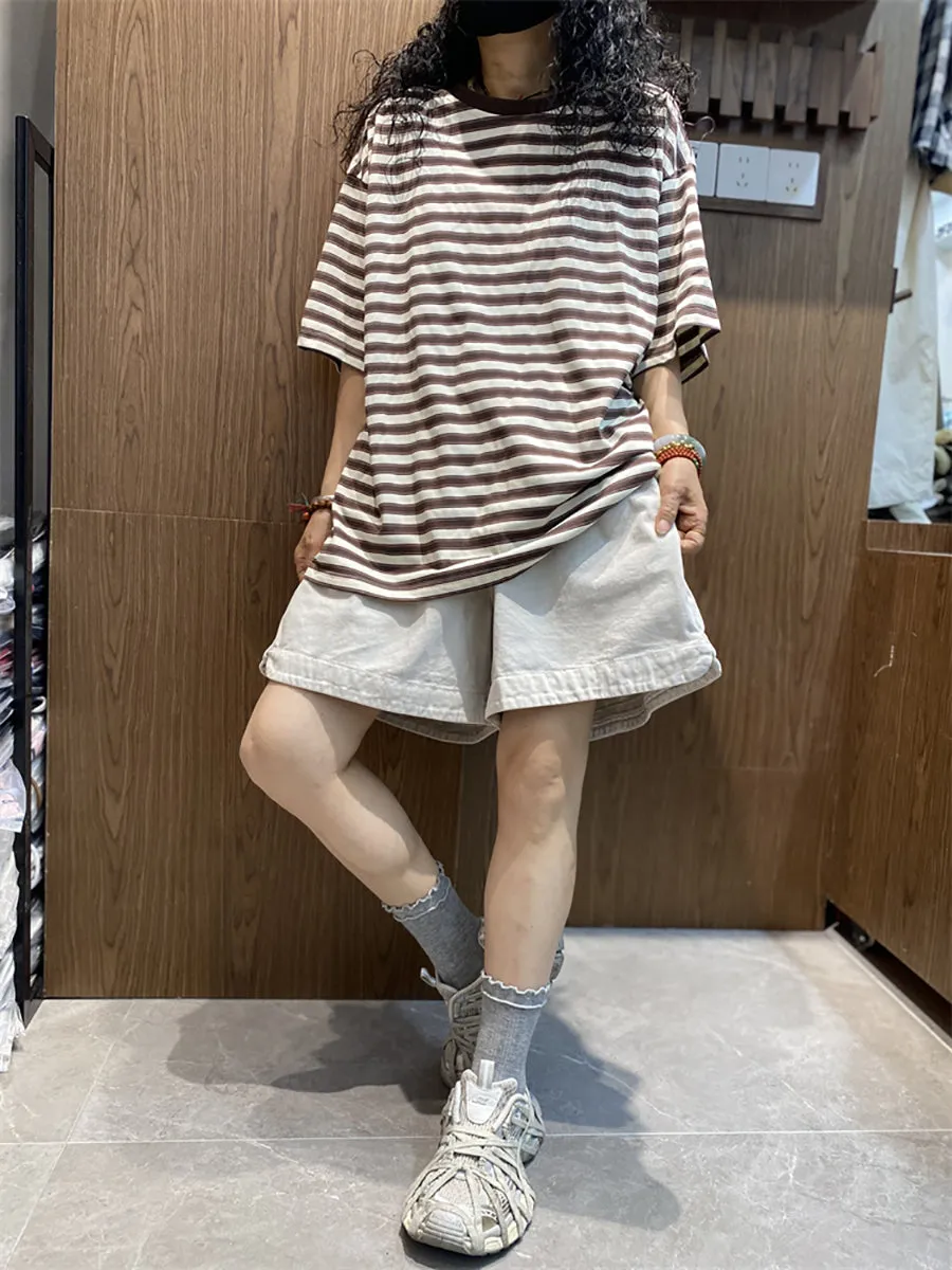 Women Summer Casual Stripe O-Neck Cotton Shirt