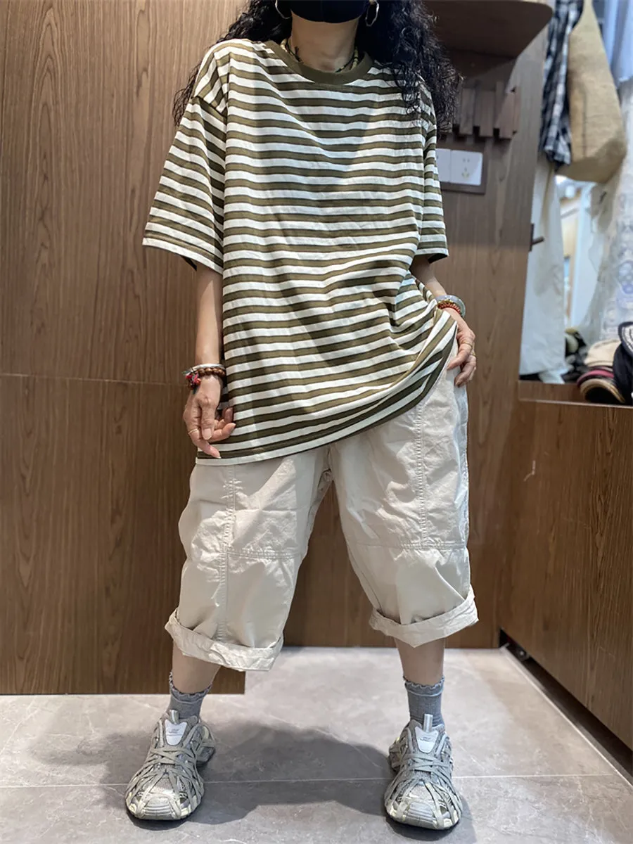 Women Summer Casual Stripe O-Neck Cotton Shirt