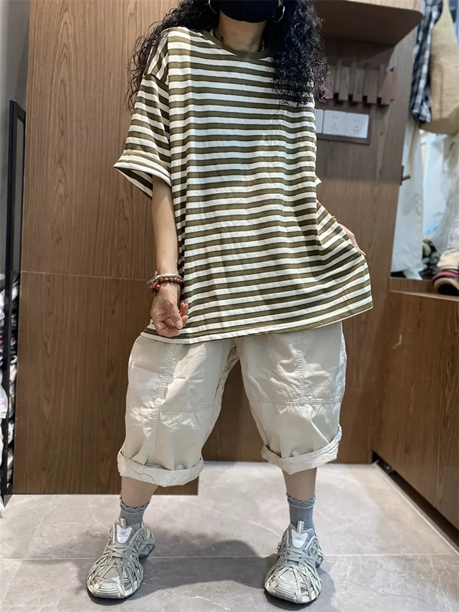 Women Summer Casual Stripe O-Neck Cotton Shirt
