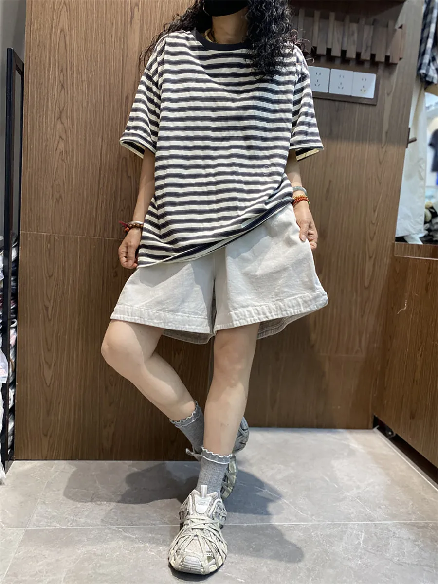 Women Summer Casual Stripe O-Neck Cotton Shirt
