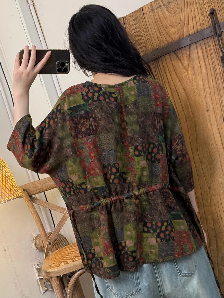 Women Summer Retro Flower O-Neck Cotton Shirt