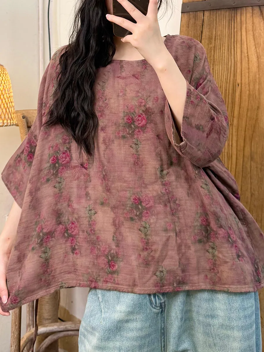Women Summer Retro Flower O-Neck Cotton Shirt