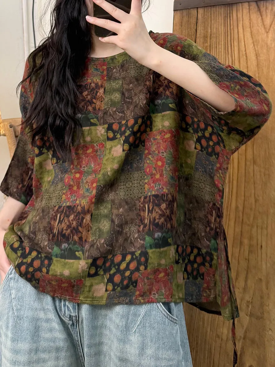 Women Summer Retro Flower O-Neck Cotton Shirt