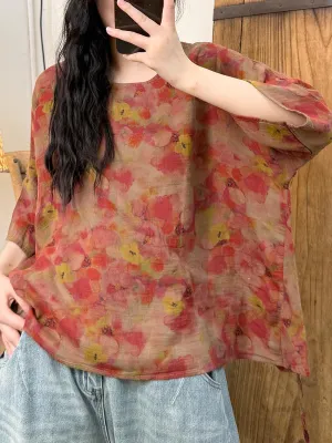 Women Summer Retro Flower O-Neck Cotton Shirt