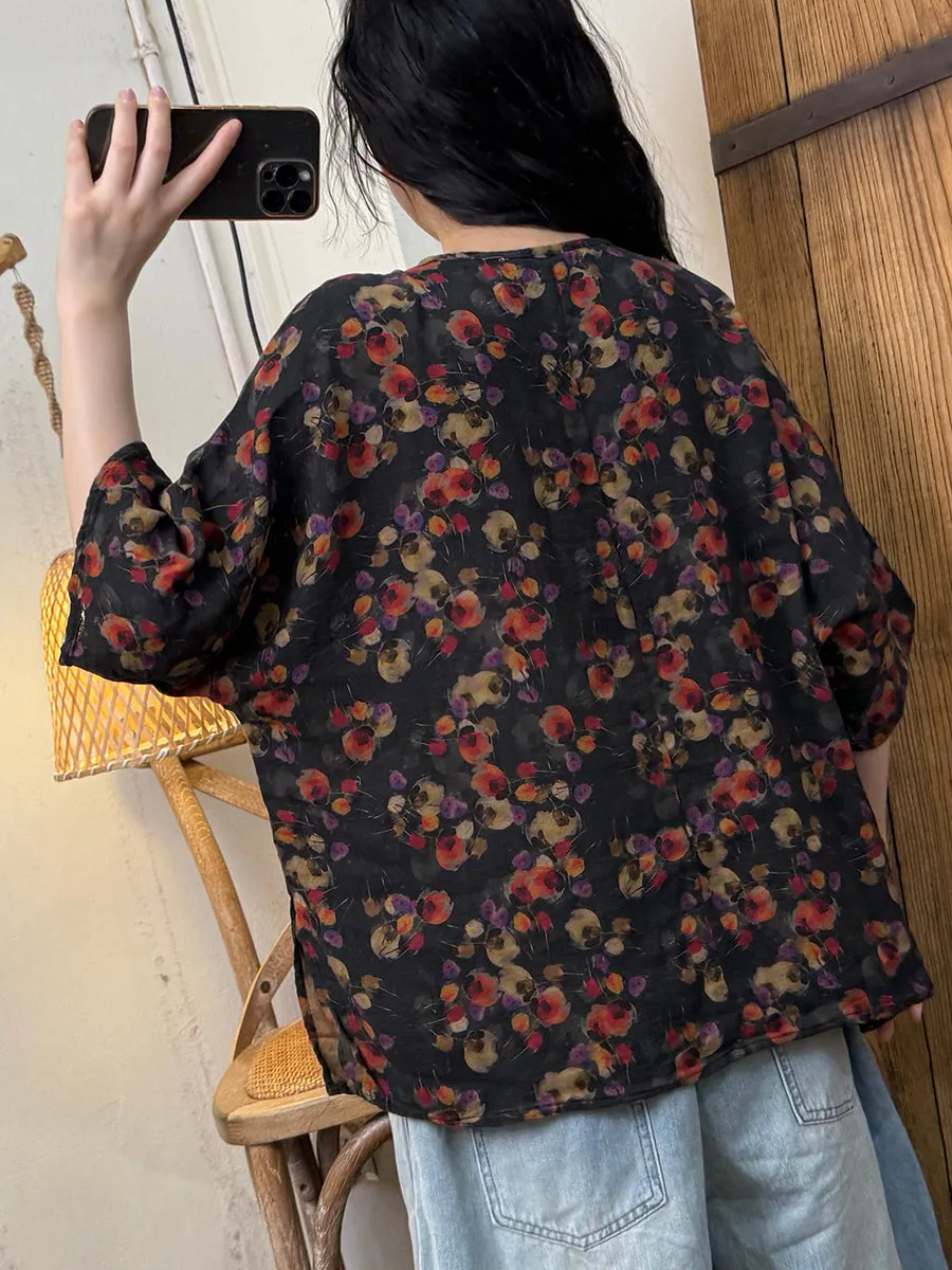 Women Summer Retro Flower O-Neck Cotton Shirt