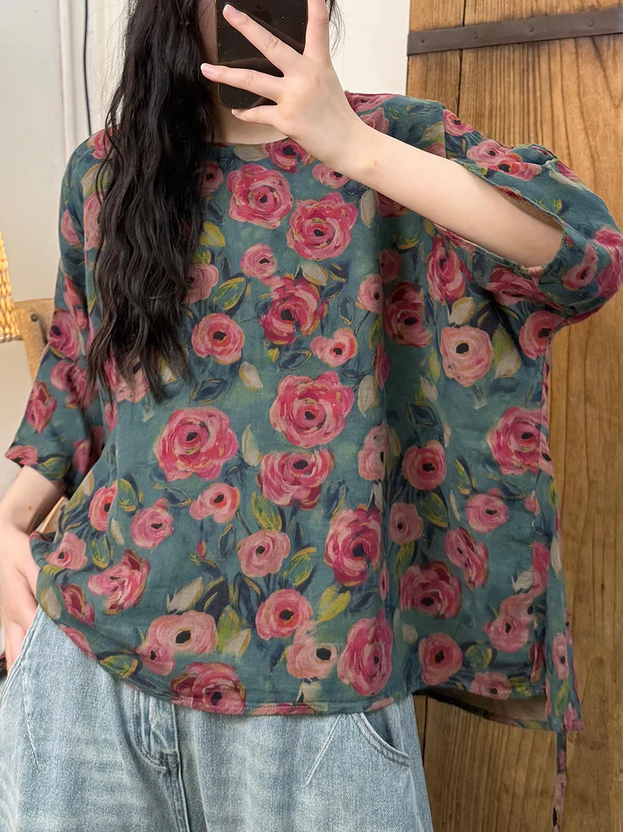 Women Summer Retro Flower O-Neck Cotton Shirt