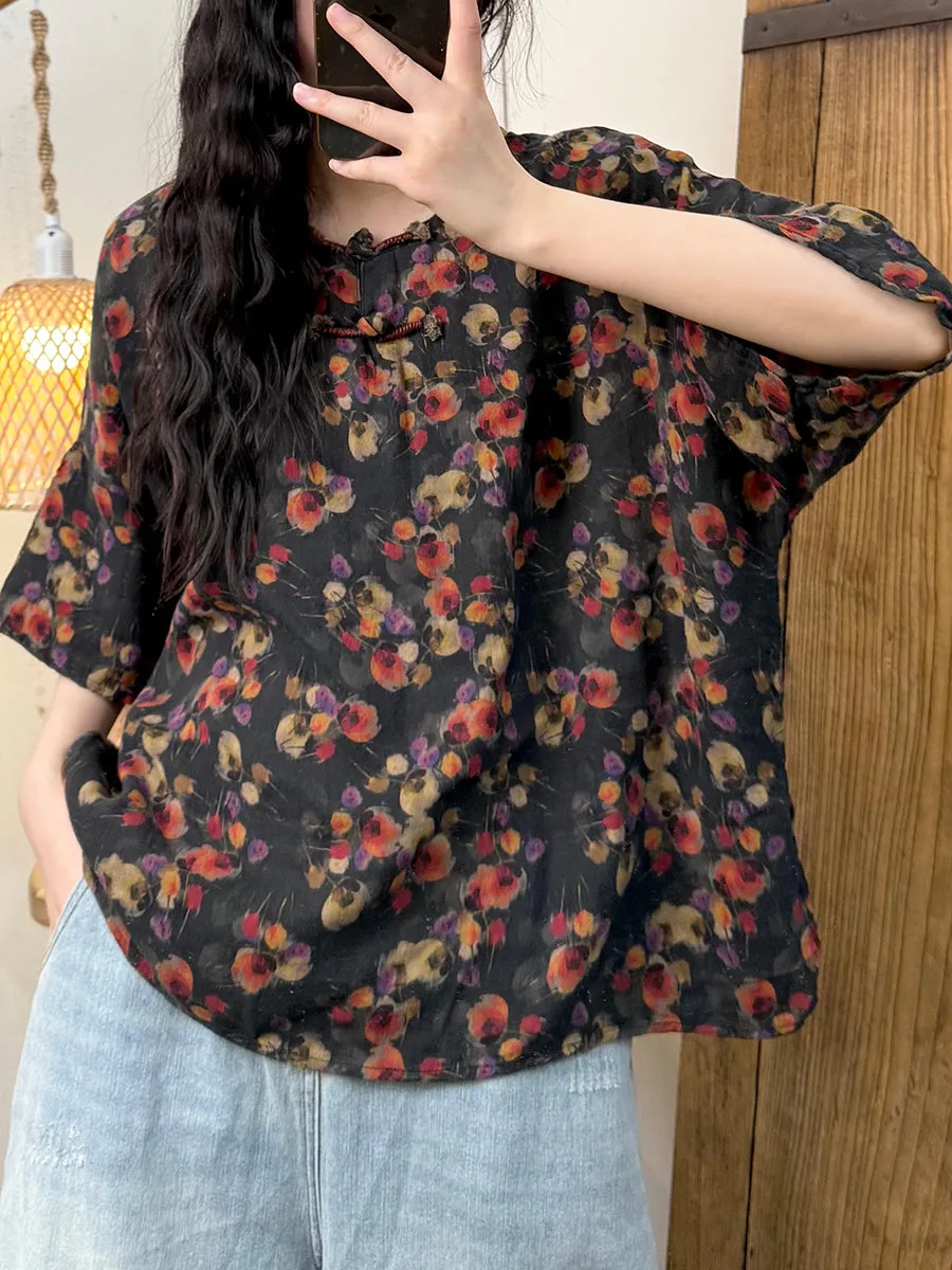 Women Summer Retro Flower O-Neck Cotton Shirt