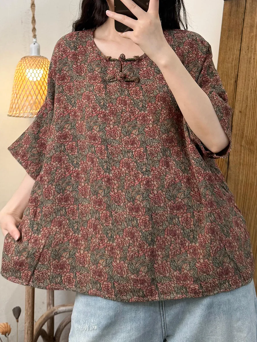 Women Summer Retro Flower O-Neck Cotton Shirt