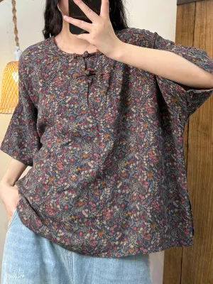 Women Summer Retro Flower O-Neck Cotton Shirt