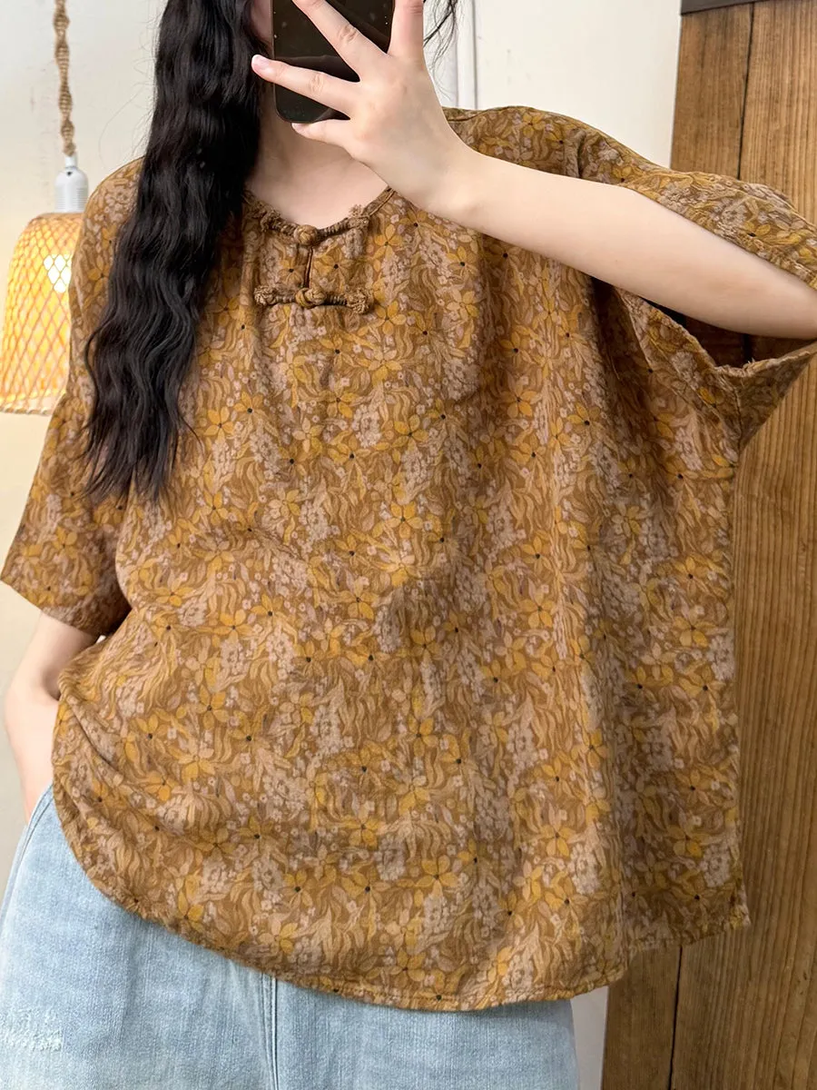 Women Summer Retro Flower O-Neck Cotton Shirt