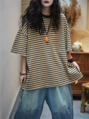 Women Summer Retro Stripe O-Neck Cotton Shirt