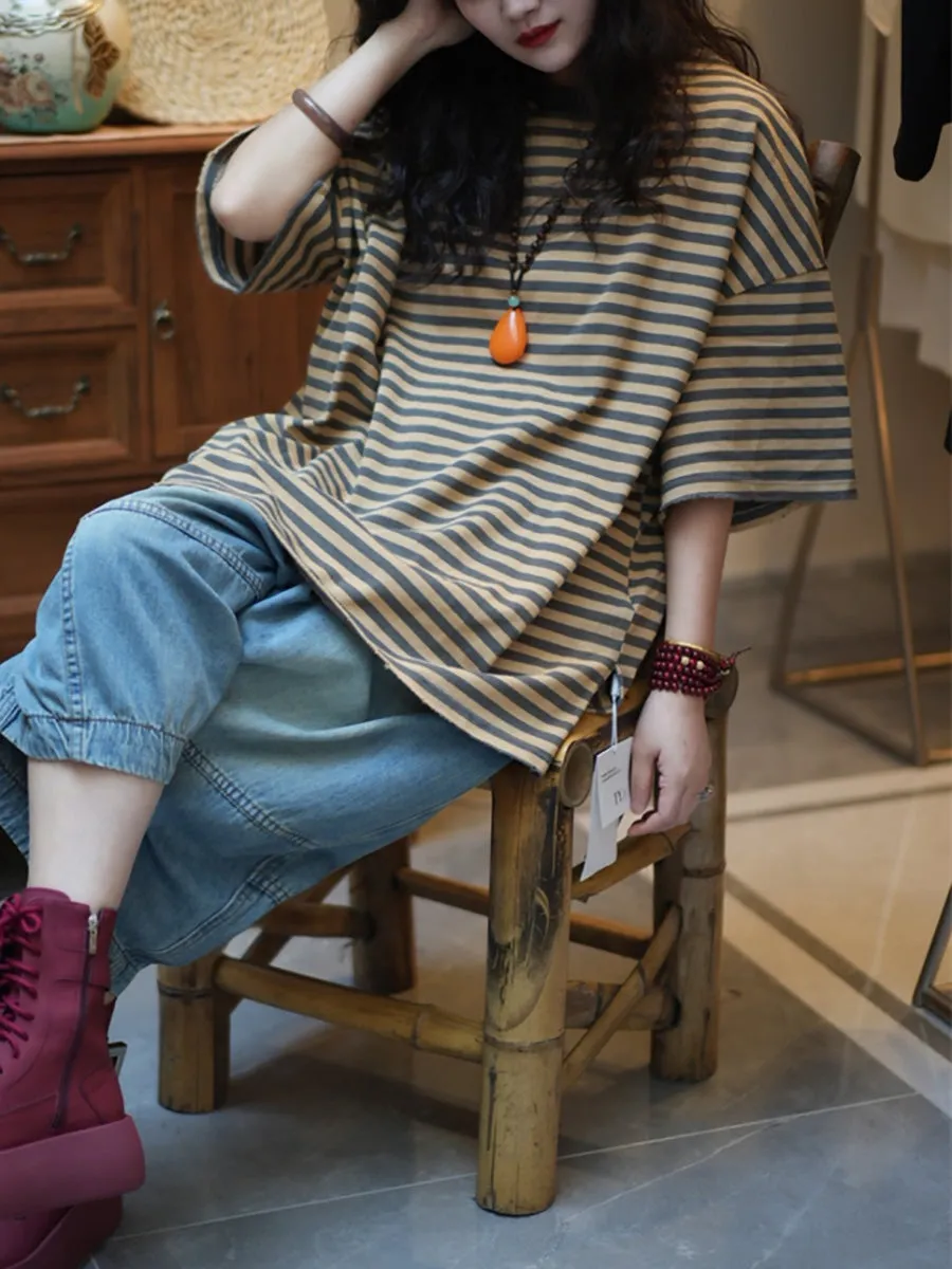 Women Summer Retro Stripe O-Neck Cotton Shirt