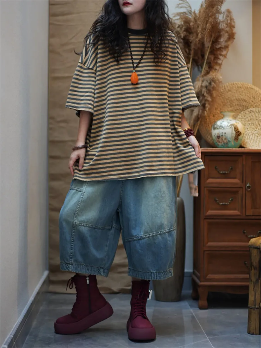 Women Summer Retro Stripe O-Neck Cotton Shirt