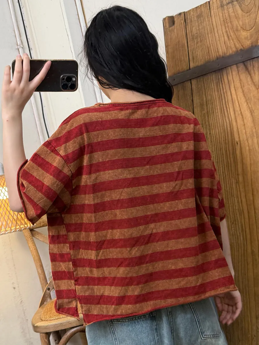 Women Summer Retro Stripe V-Neck Cotton Shirt