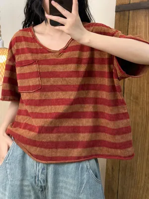 Women Summer Retro Stripe V-Neck Cotton Shirt
