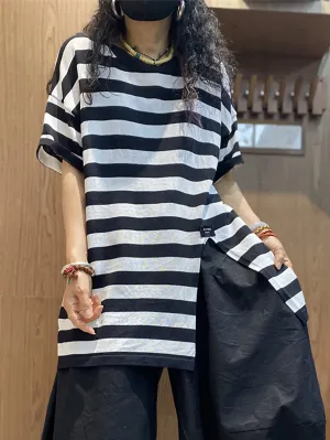 Women Summer Stripe Split Hem O-Neck Cotton Shirt