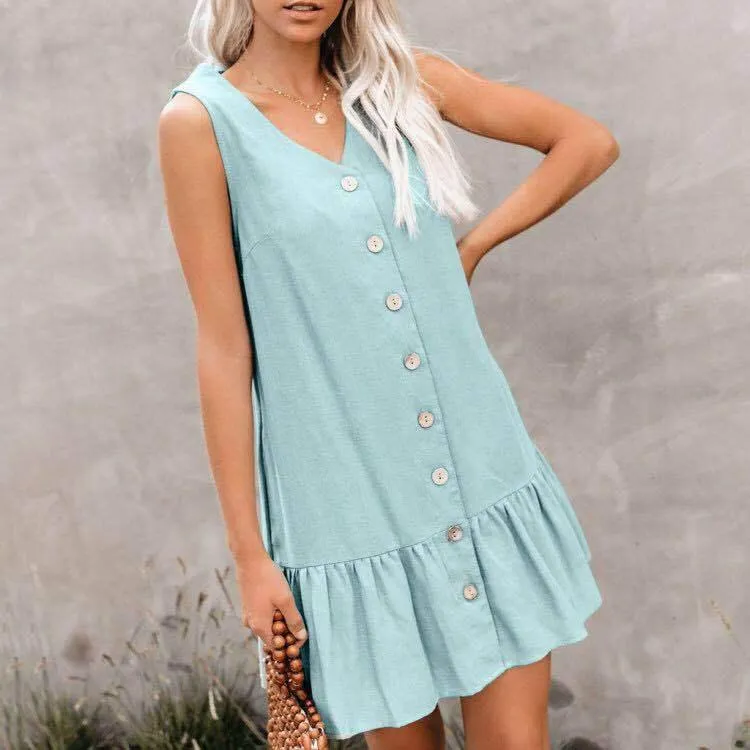 Women's Cardigan Dress Cotton And Linen Sleeveless V-Neck Single-Breasted