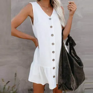 Women's Cardigan Dress Cotton And Linen Sleeveless V-Neck Single-Breasted