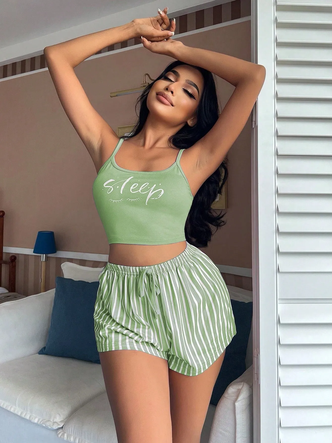 Women's Letter Print Camisole And Striped Tie Waist Shorts Pajamas Set