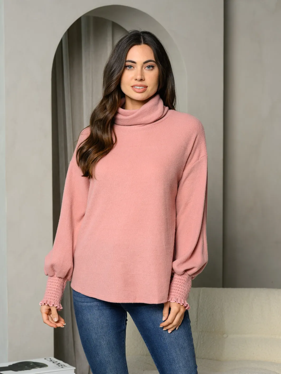 WOMEN'S LONG SMOCK TRIM SLEEVE TURTLE NECK TUNIC TOP