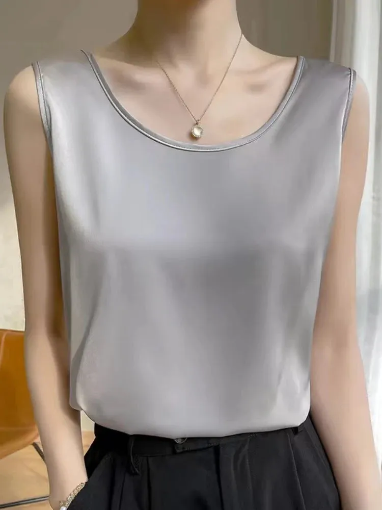 Women's Mulberry Silk Tank Top - Elegant Satin Design for Office & Casual Wear, Spring/Summer 2024