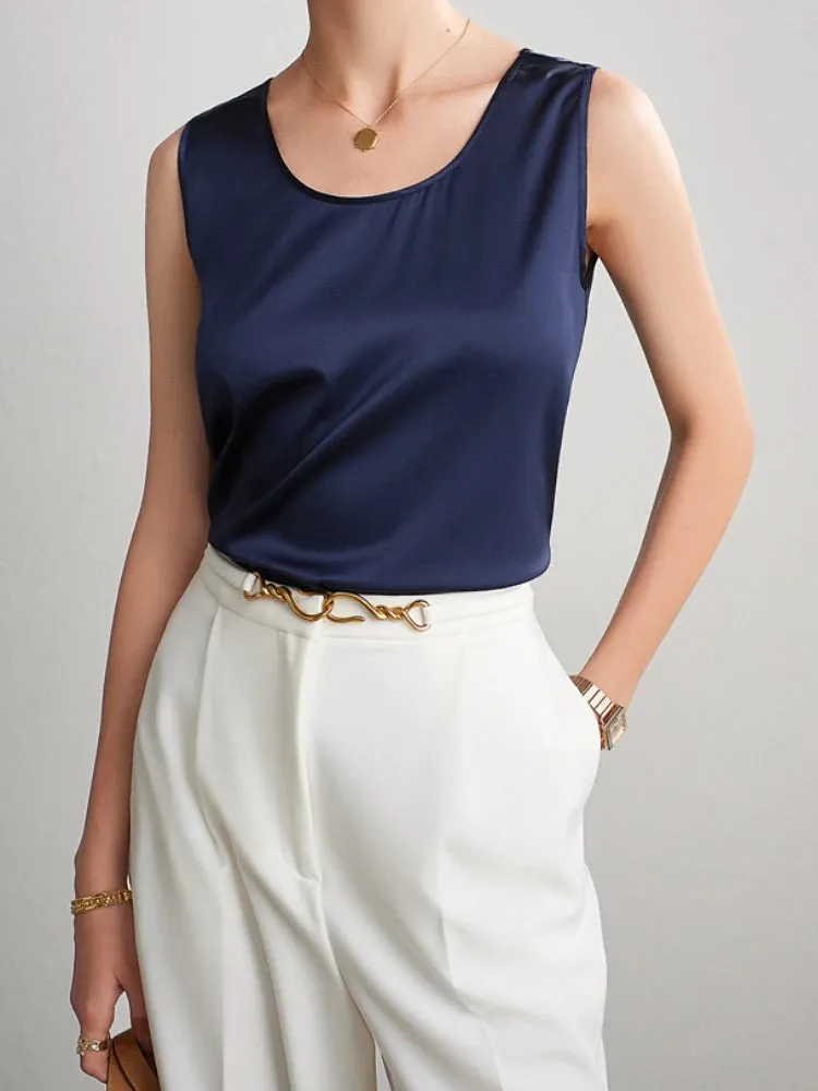 Women's Mulberry Silk Tank Top - Elegant Satin Design for Office & Casual Wear, Spring/Summer 2024