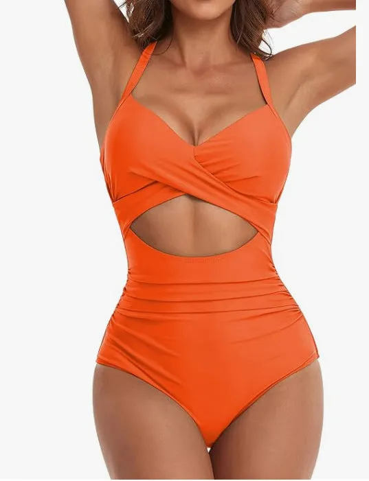 Womens One Piece Swimsuits Push Up Tummy Control Bathing Suits V Neck Cutout Modest Swim Suits