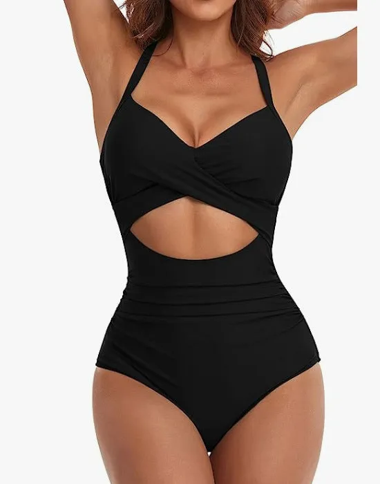 Womens One Piece Swimsuits Push Up Tummy Control Bathing Suits V Neck Cutout Modest Swim Suits