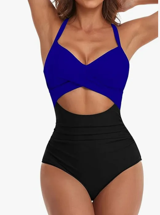 Womens One Piece Swimsuits Push Up Tummy Control Bathing Suits V Neck Cutout Modest Swim Suits