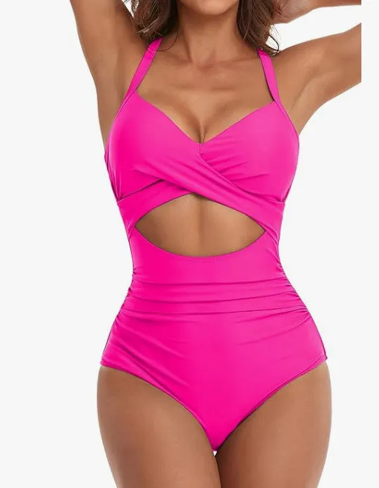 Womens One Piece Swimsuits Push Up Tummy Control Bathing Suits V Neck Cutout Modest Swim Suits