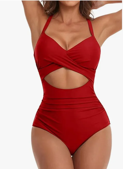 Womens One Piece Swimsuits Push Up Tummy Control Bathing Suits V Neck Cutout Modest Swim Suits