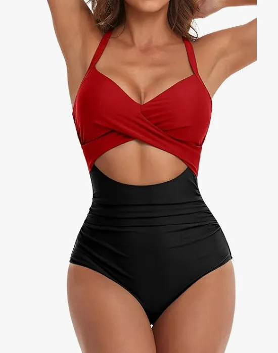 Womens One Piece Swimsuits Push Up Tummy Control Bathing Suits V Neck Cutout Modest Swim Suits