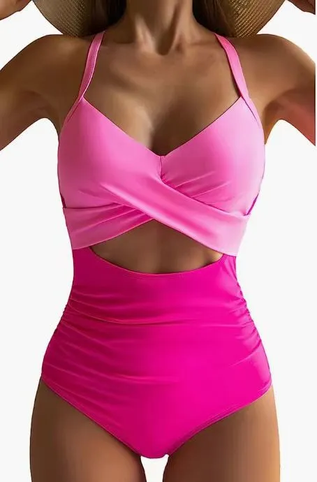 Womens One Piece Swimsuits Push Up Tummy Control Bathing Suits V Neck Cutout Modest Swim Suits