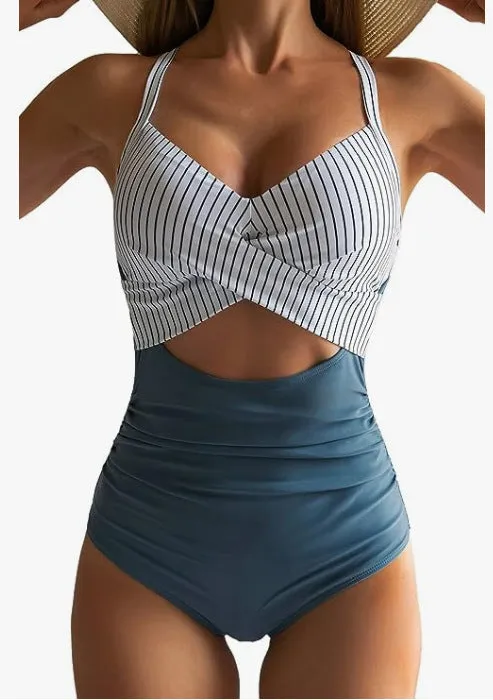 Womens One Piece Swimsuits Push Up Tummy Control Bathing Suits V Neck Cutout Modest Swim Suits