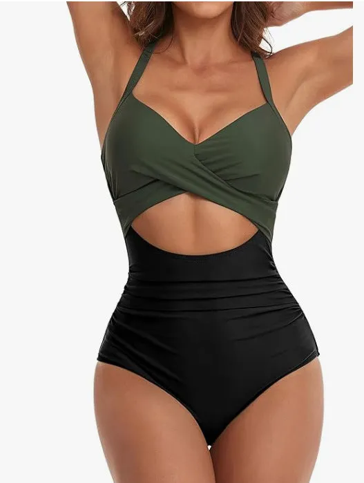 Womens One Piece Swimsuits Push Up Tummy Control Bathing Suits V Neck Cutout Modest Swim Suits