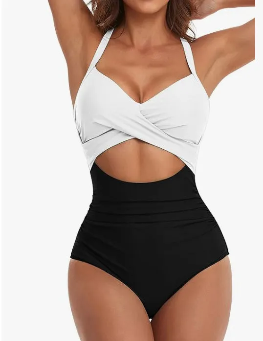Womens One Piece Swimsuits Push Up Tummy Control Bathing Suits V Neck Cutout Modest Swim Suits