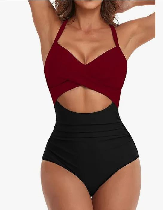 Womens One Piece Swimsuits Push Up Tummy Control Bathing Suits V Neck Cutout Modest Swim Suits
