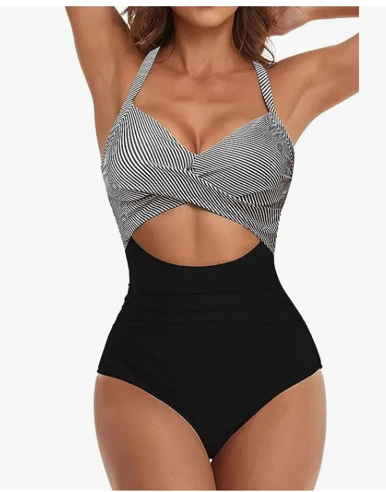 Womens One Piece Swimsuits Push Up Tummy Control Bathing Suits V Neck Cutout Modest Swim Suits