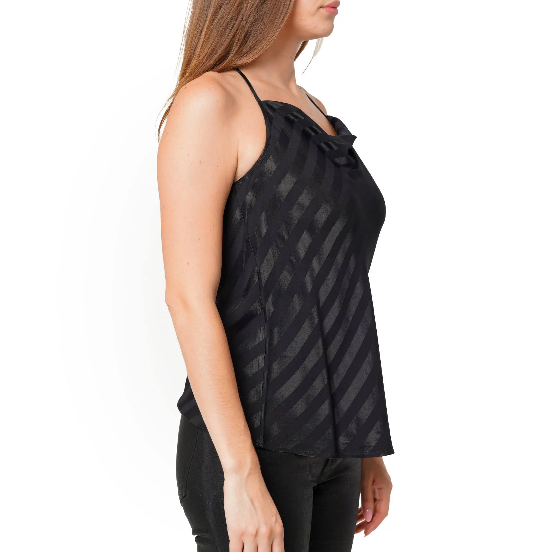 Women's Stripe Satin Draped Neck Camisole in Black