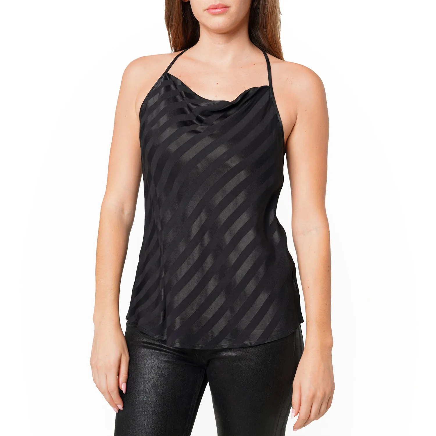 Women's Stripe Satin Draped Neck Camisole in Black
