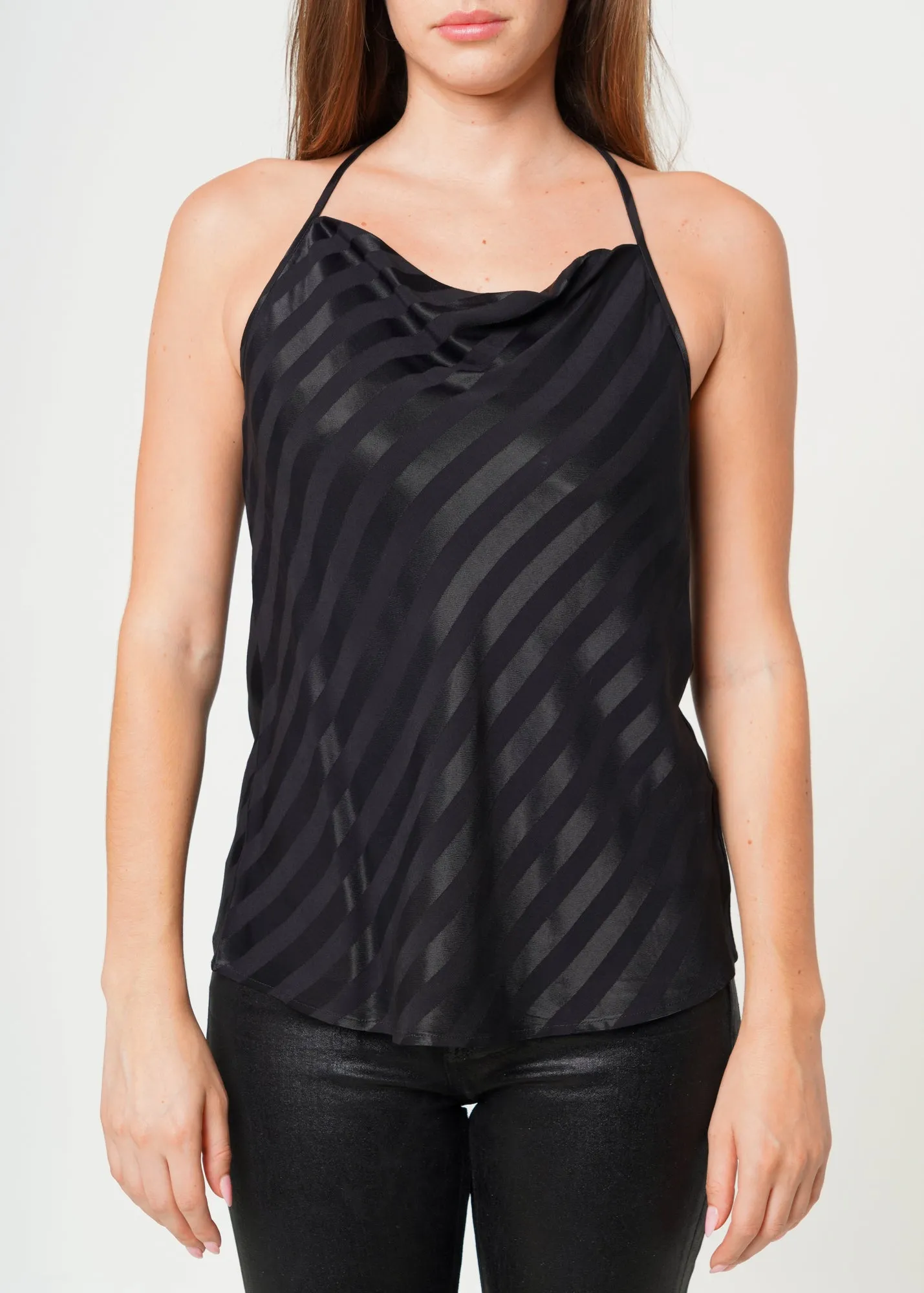 Women's Stripe Satin Draped Neck Camisole in Black